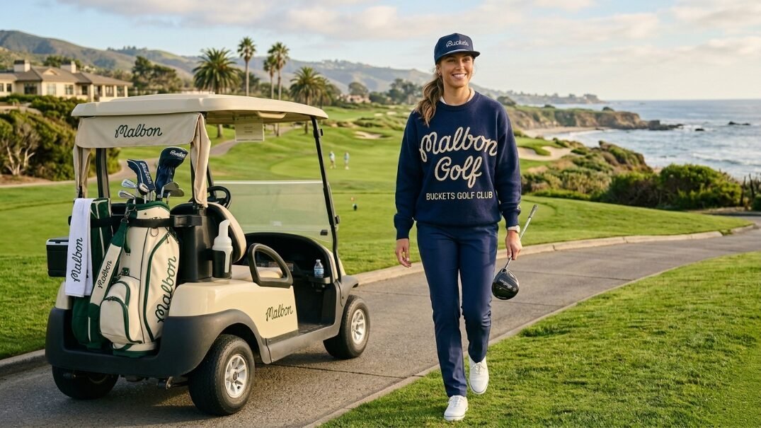 Female golfer in a navy sweatshirt walks beside a beige golf cart on a path overlooking the ocean.