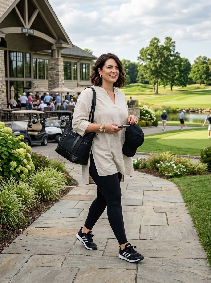 A brunette woman in a tan tunic and leggings walks on a walkway holding a black cap near a golf course.