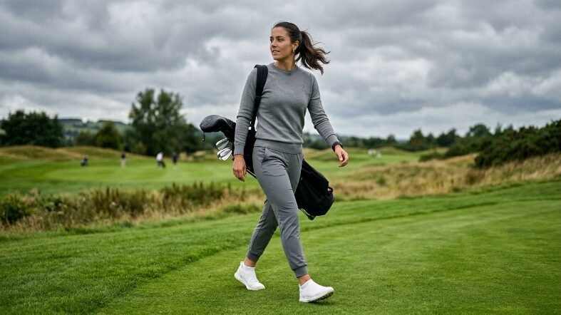 Young woman wearing grey athletic clothes walking along a lush green golf course with clubs on her back.