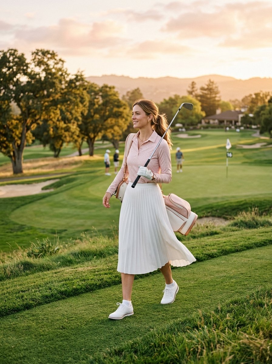 A woman in a pink polo and white pleated skirt carries a golf bag across a course.