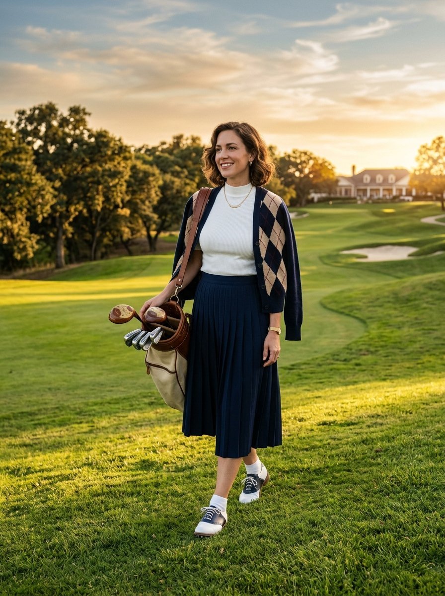 Smiling woman in a pleated skirt and argyle cardigan carries a golf bag across a green fairway at sunset.