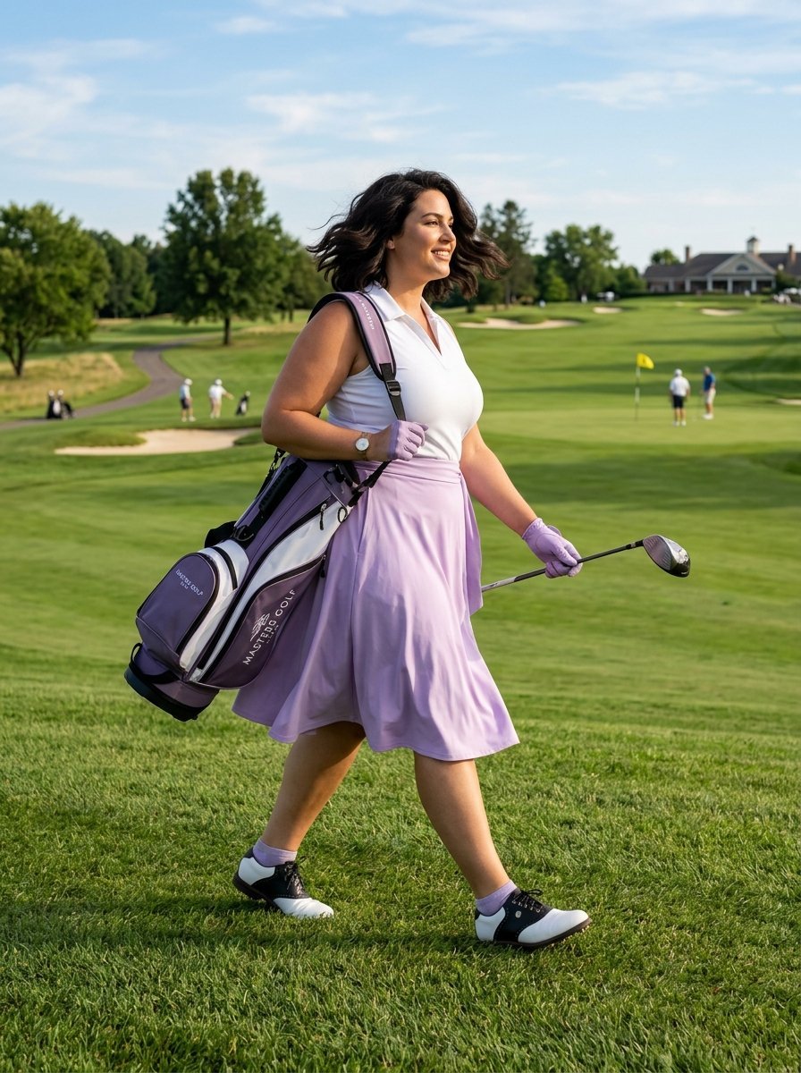 A golfer in a white shirt and lavender skirt walks on a course with a matching purple bag and golf club.