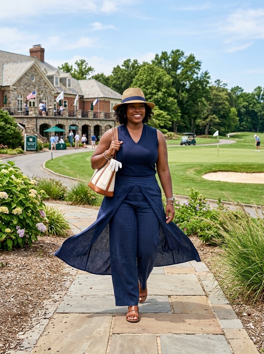A smiling woman in a navy outfit and sun hat walks on a stone path at a golf course with a clubhouse in the background.