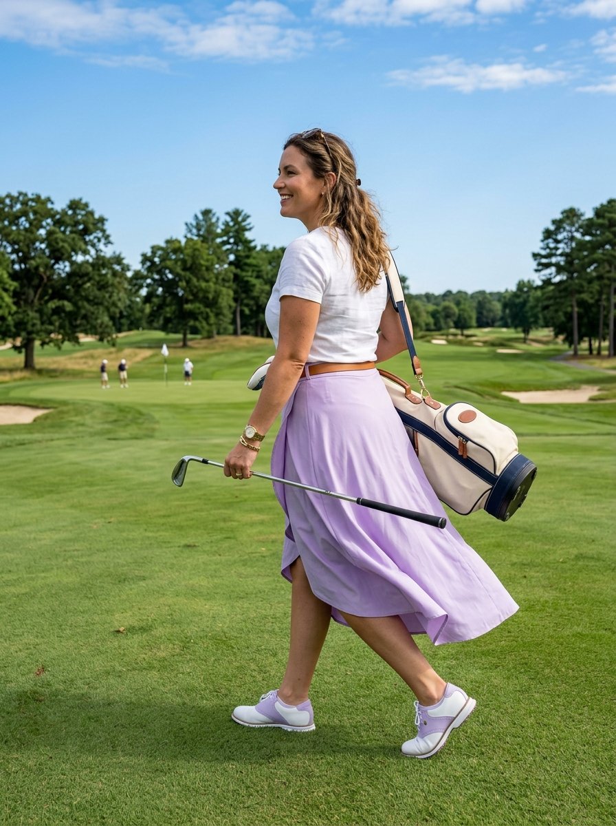 A woman in a lilac skirt and white shirt walking with a golf club and bag on a green golf course.