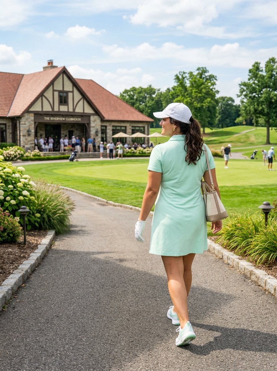 A woman wearing a white cap and mint green golf dress walking down a paved path toward a stone clubhouse.