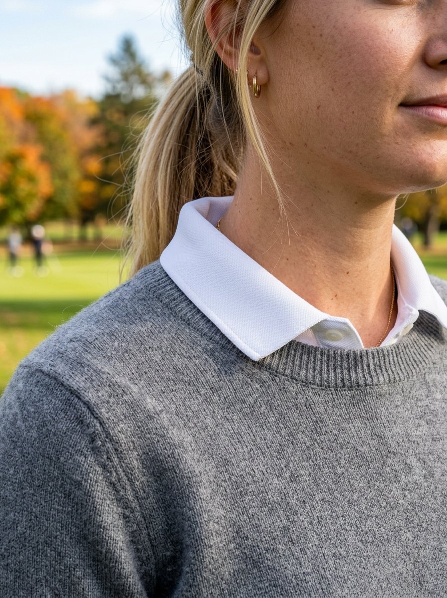 Close-up of a blonde woman wearing a grey knit sweater over a white collared golf shirt outdoors.