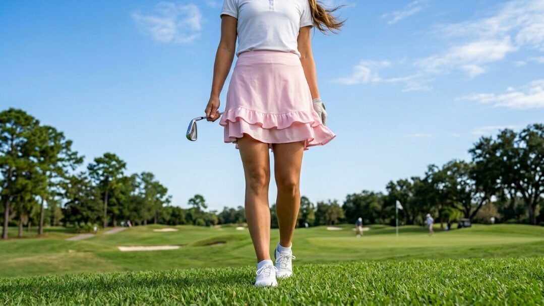 Close up of a woman in a white polo and pink skirt holding a golf club on a sunny course.