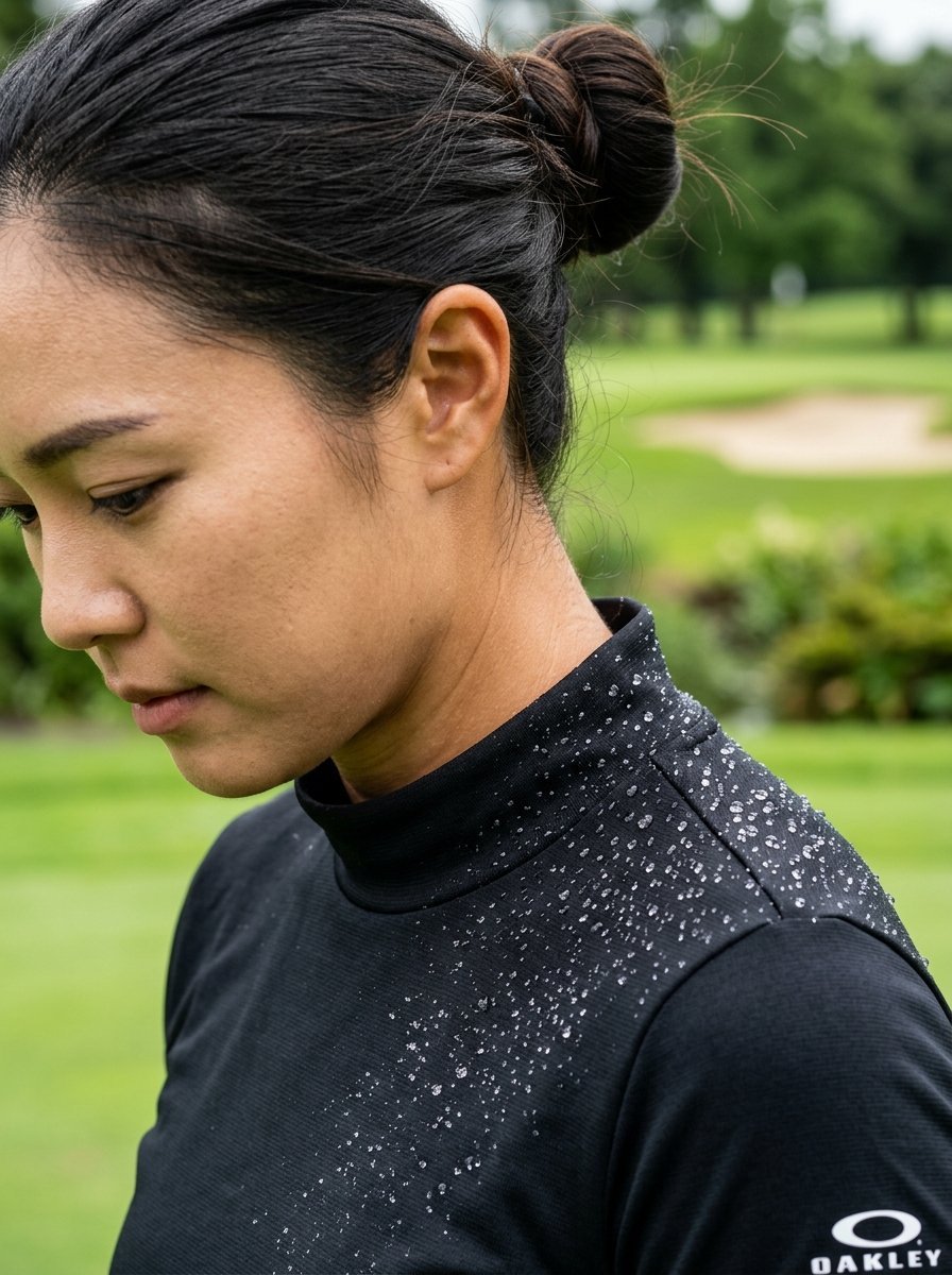Profile view of a woman with a hair bun wearing a black shirt covered in small water droplets at a golf course.