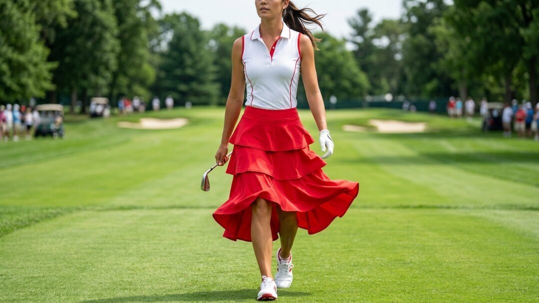 Golfer in a white sleeveless polo and red ruffled high-low skirt walking with a club on a golf course.