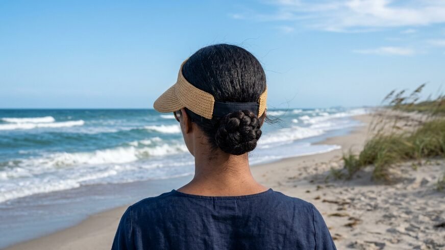 A woman with a braided bun and tan woven sun visor looking out at the waves on a sandy shoreline.