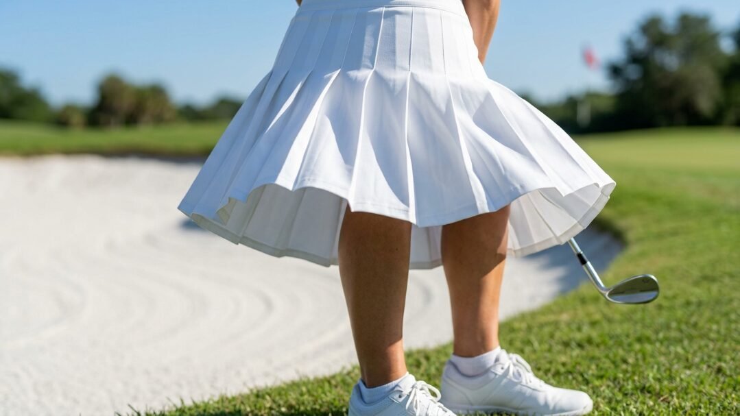 Close up on a golfer standing by a sand bunker wearing a bright white pleated sports skirt and white sneakers.