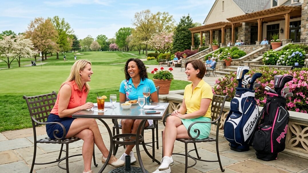 Three women in golf attire eating lunch on a sunny outdoor patio at a golf course clubhouse.