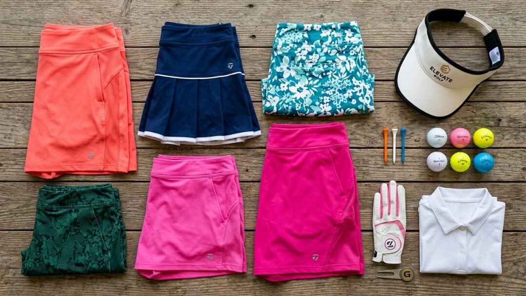 Flat lay of pink, navy, and floral golf skorts with a white visor, golf balls, and a glove on a wooden background.