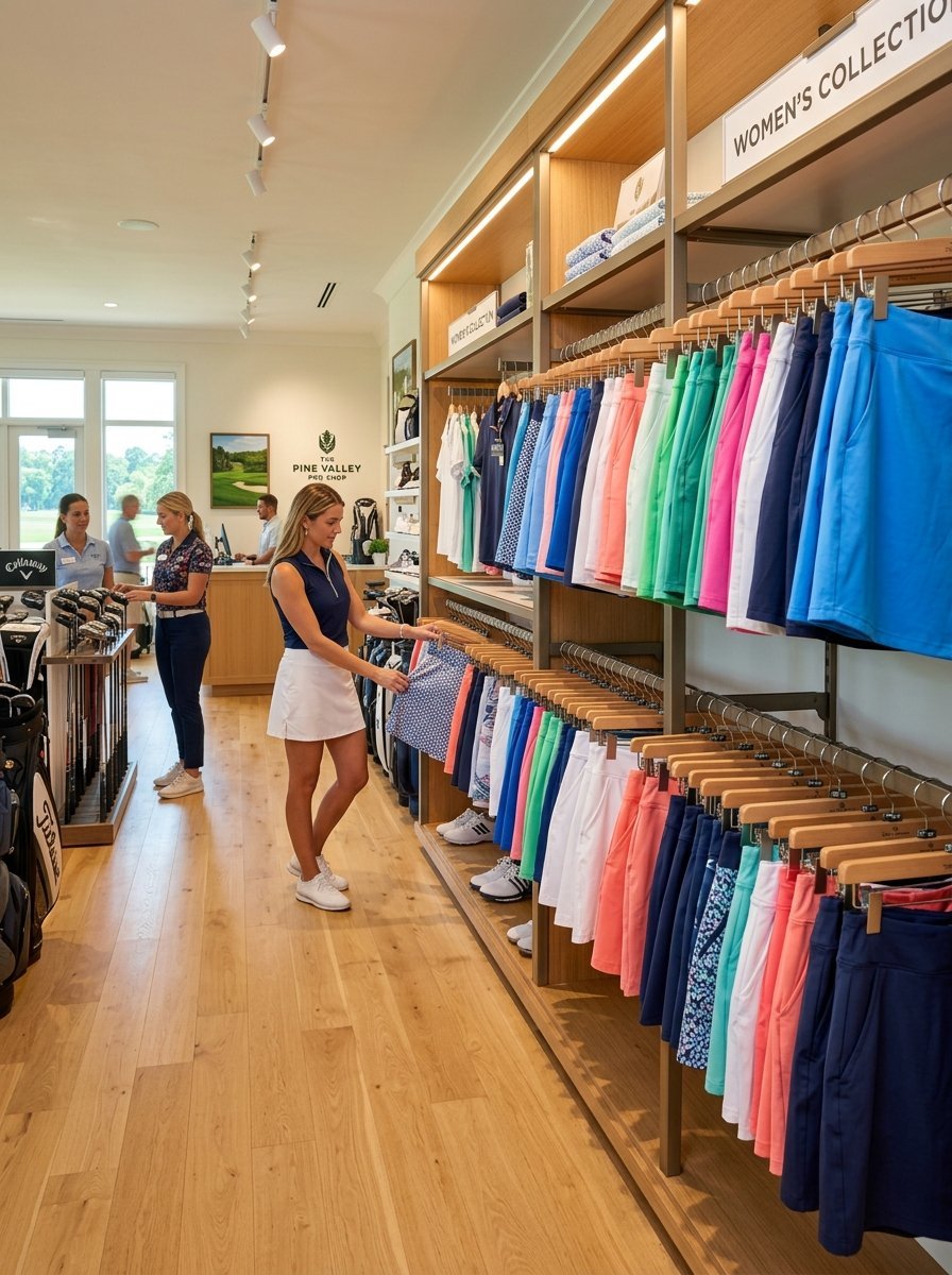 Woman shopping for athletic skirts in a brightly lit golf store with racks of apparel and staff in the background.