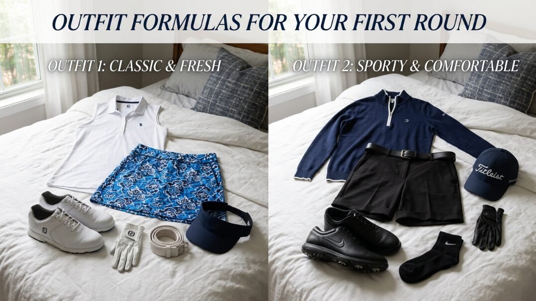 Flat lay photography of two women's golf outfit options with shirts, shorts, shoes, and accessories on a bed.