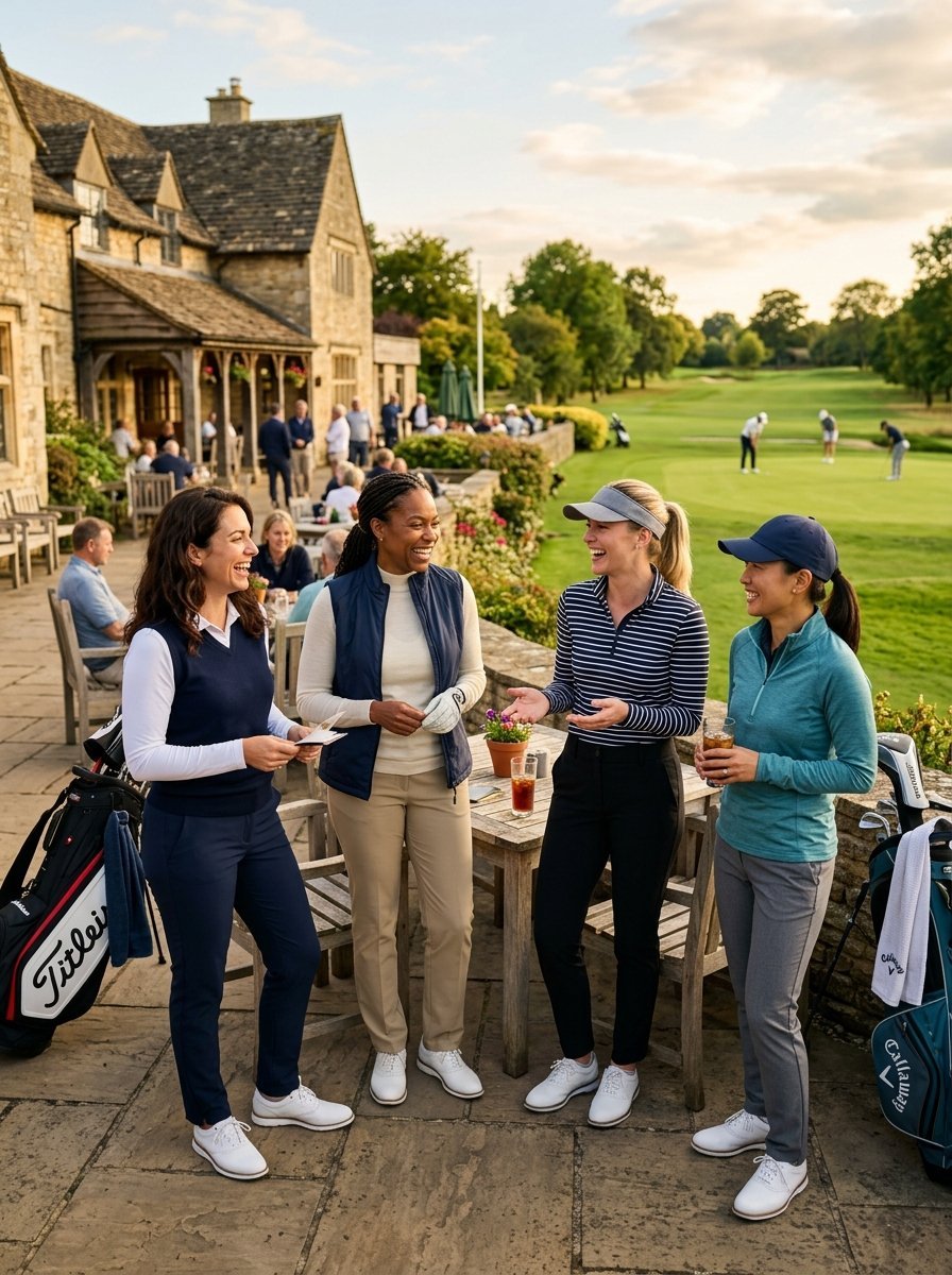 Group of four women in golf attire laughing together at a country club terrace with a golf course in the background.