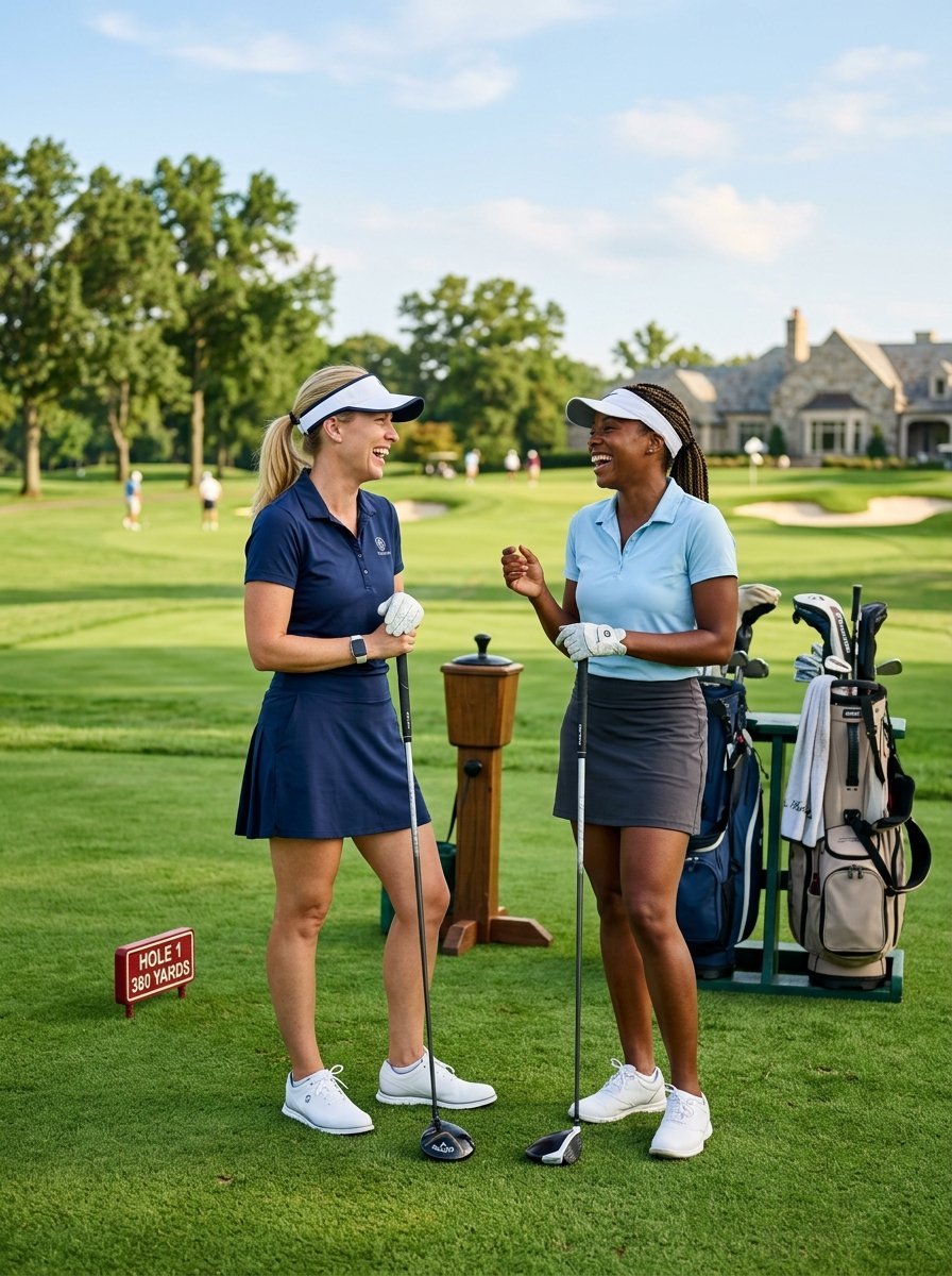 Two women in golf attire standing on a course while holding clubs and laughing together.