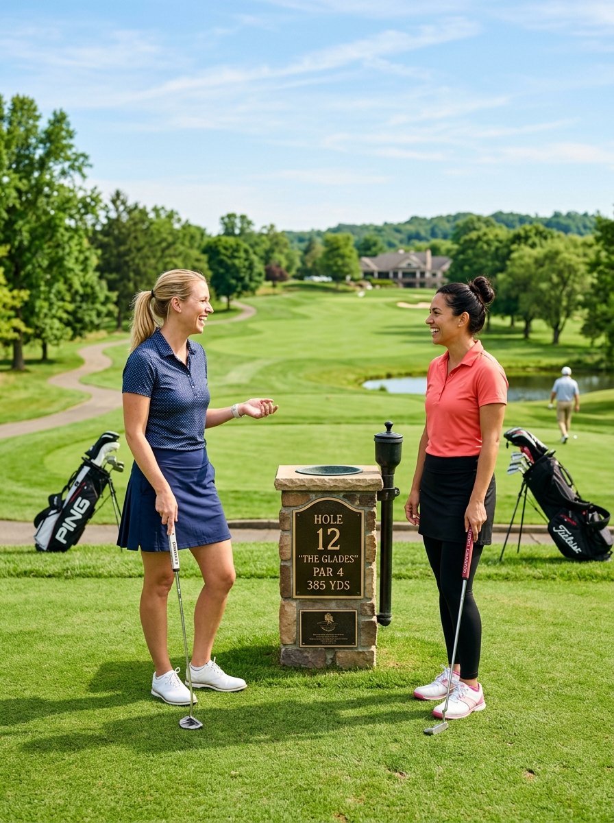 Two female golfers in athletic attire standing and laughing by a tee marker on a sunny golf course.