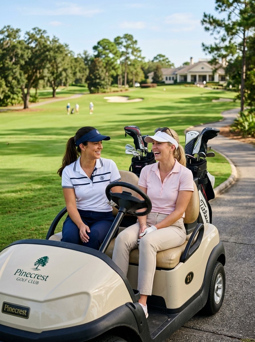 Two women smiling in a Pinecrest Golf Club cart parked on a scenic course path.