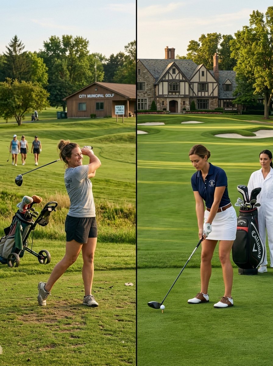 Two contrasting images of women golfers at a public golf course and a private country club.