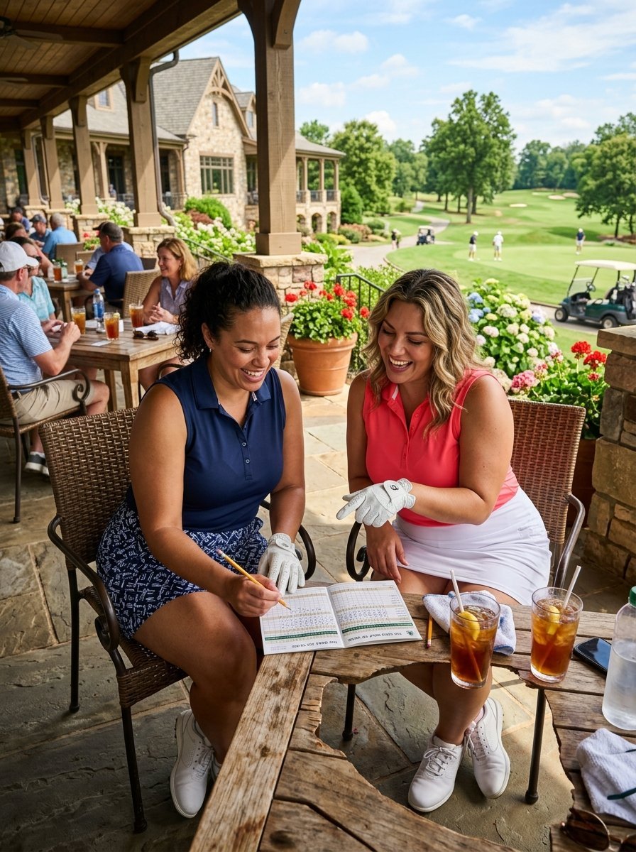 Two smiling women in golf attire review a paper scorecard together at a table overlooking a golf course.