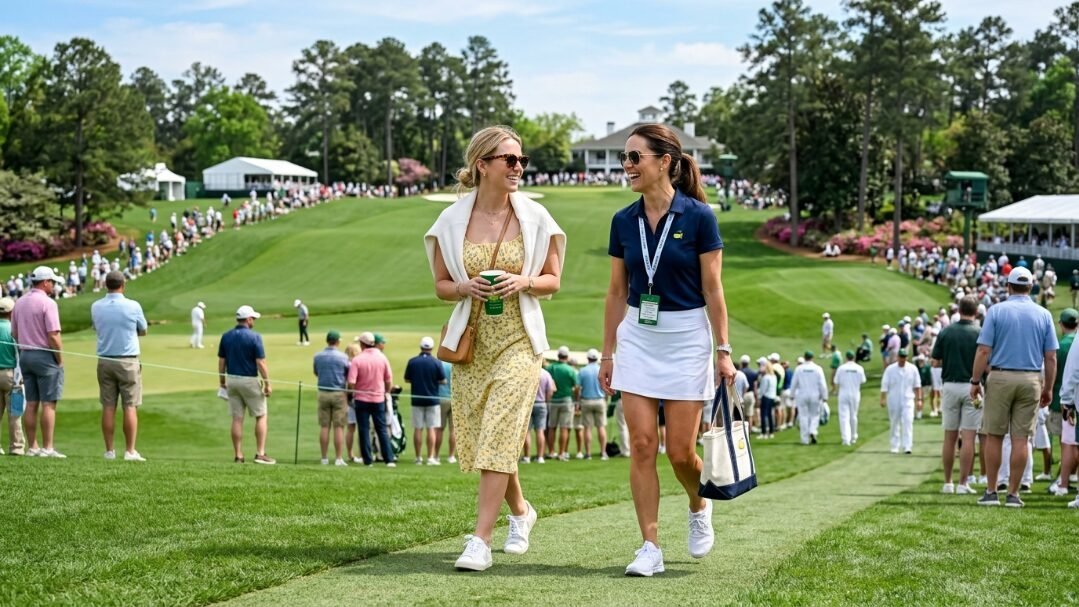 Two women smiling and walking along a green golf course during a professional tournament.