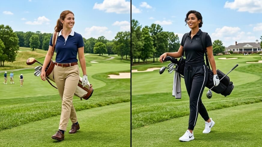 Split view of two female golfers in casual athletic apparel walking across a lush course with their equipment bags.