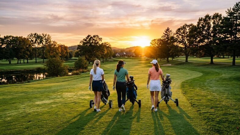 Three women pulling golf carts across a green course toward the glowing golden hour sun.
