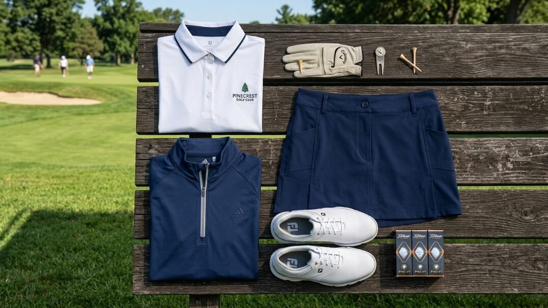 White polo, navy pullover, skirt, FootJoy shoes, and golf equipment displayed on a wooden outdoor bench.