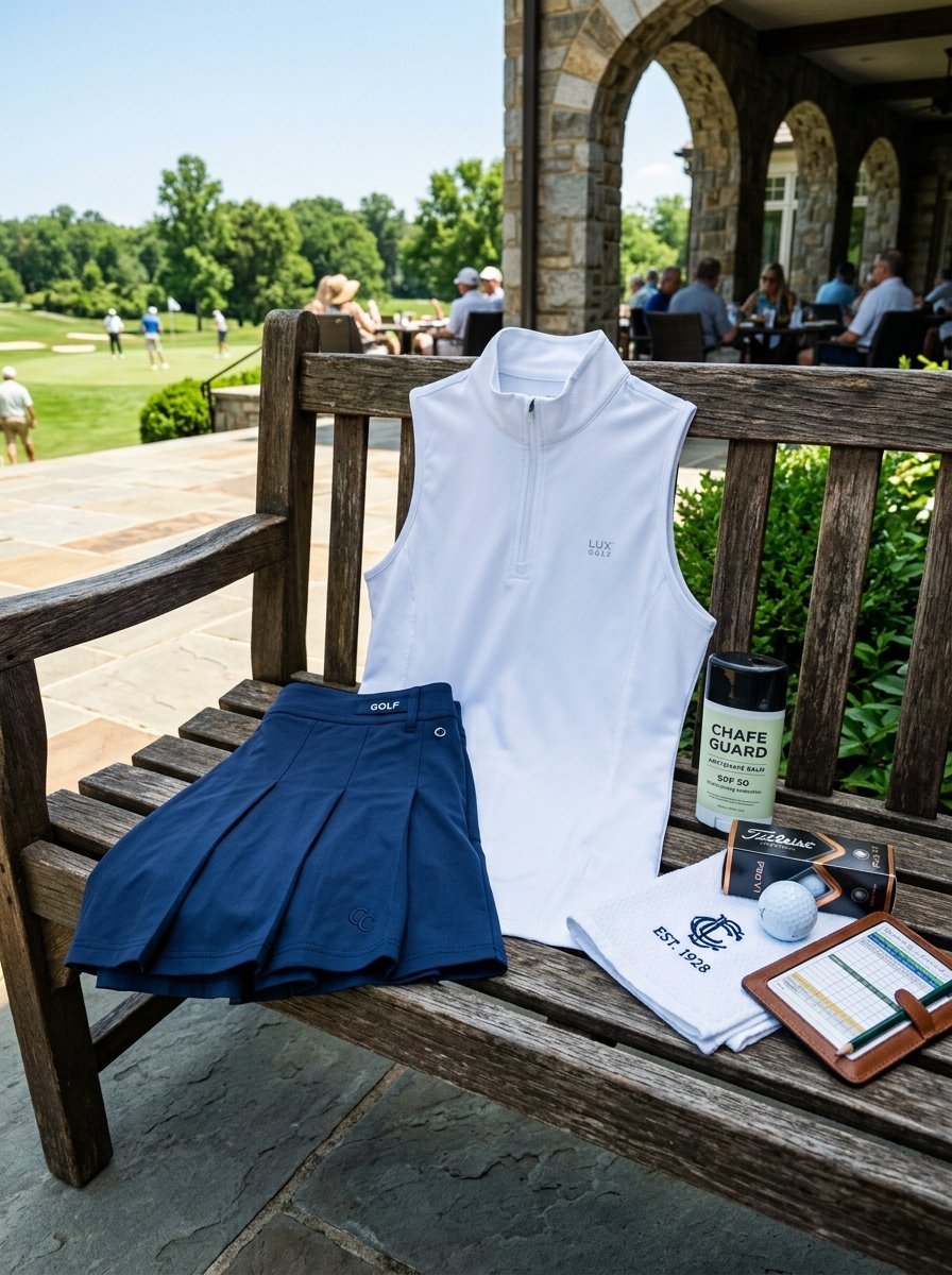 White sleeveless top, pleated blue skirt, golf ball, and accessories sitting on a wooden bench at a golf club.