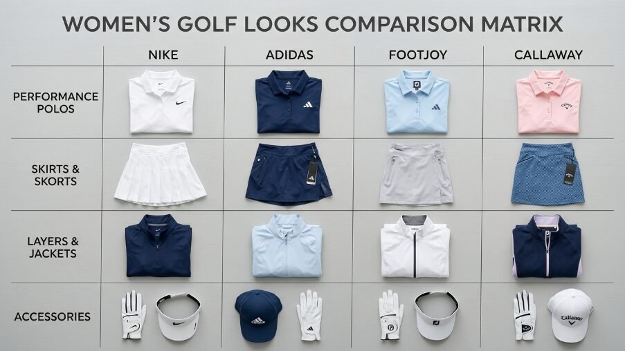 Grid showing Nike, Adidas, FootJoy, and Callaway women's golf shirts, skirts, jackets, and accessories.