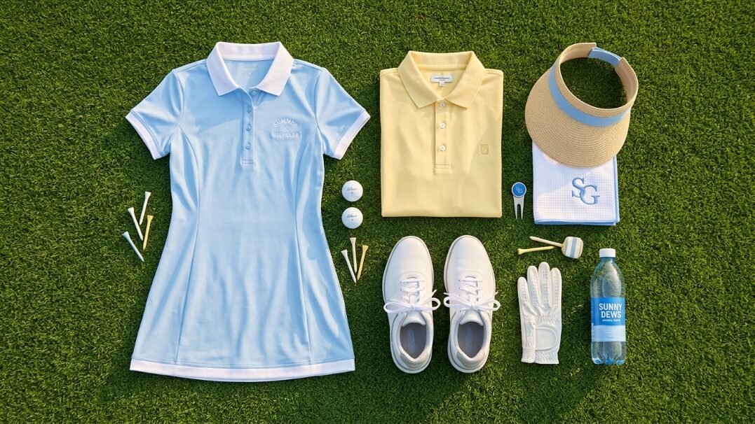 A light blue golf dress, yellow polo shirt, visor, shoes, and golf equipment laid out on a manicured lawn.