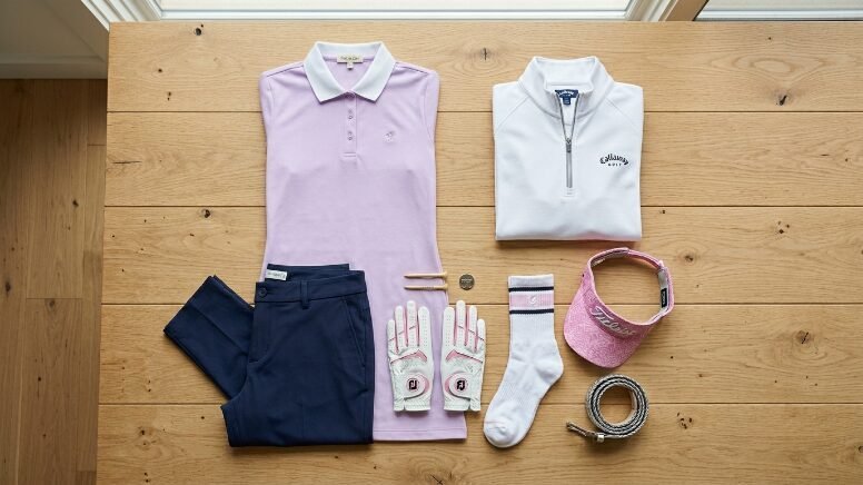 A light pink sleeveless polo, white pullover, navy pants, gloves, socks, visor, and belt laid on a wood floor.