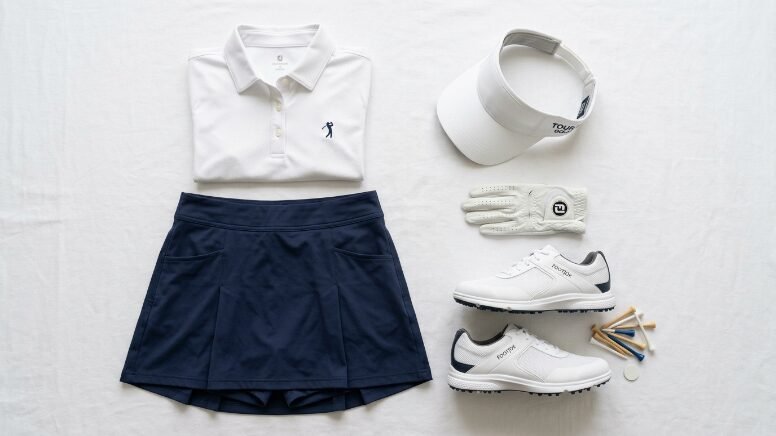 White golf polo, navy skirt, shoes, visor, glove, and tees arranged on a white background.