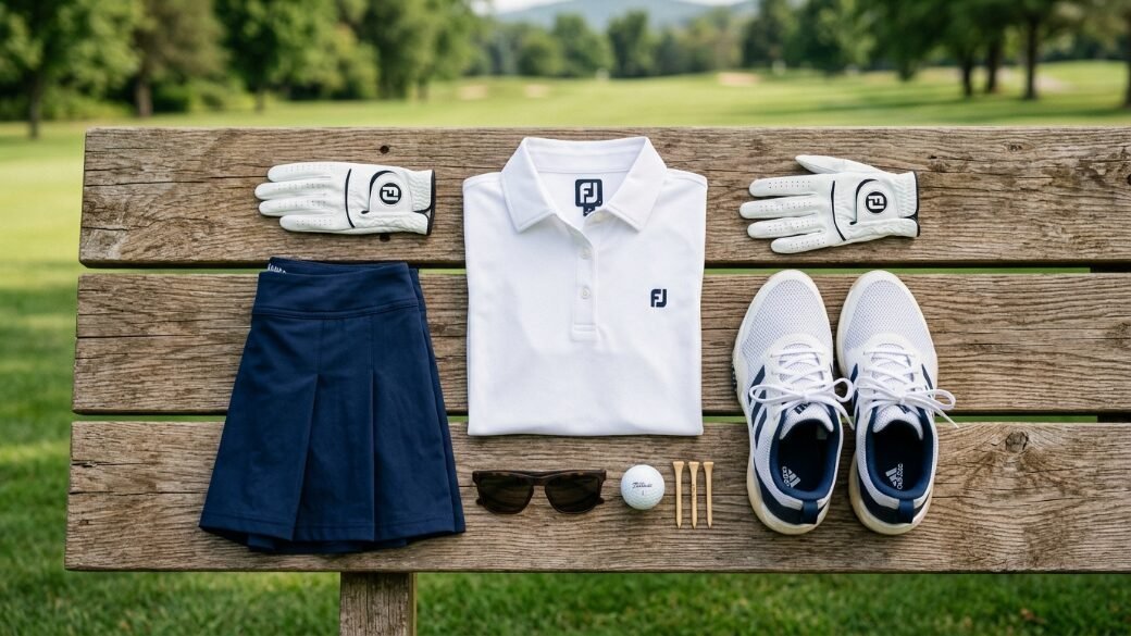 FootJoy shirt, skirt, golf shoes, gloves, ball, and tees arranged on a rustic outdoor wooden bench.