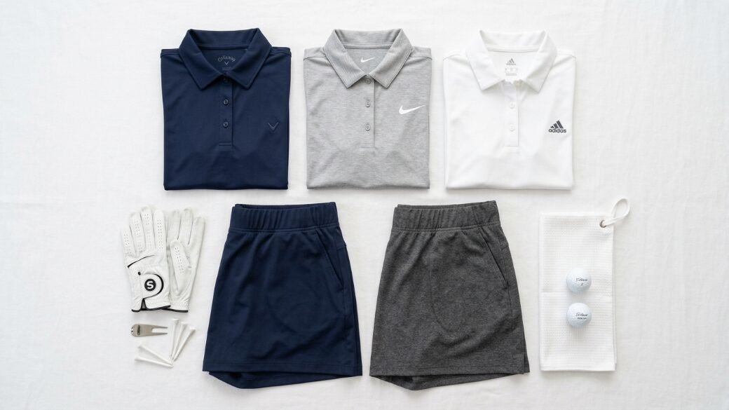 Top view of golf shirts, skorts, a glove, balls, and tees arranged on a white background.
