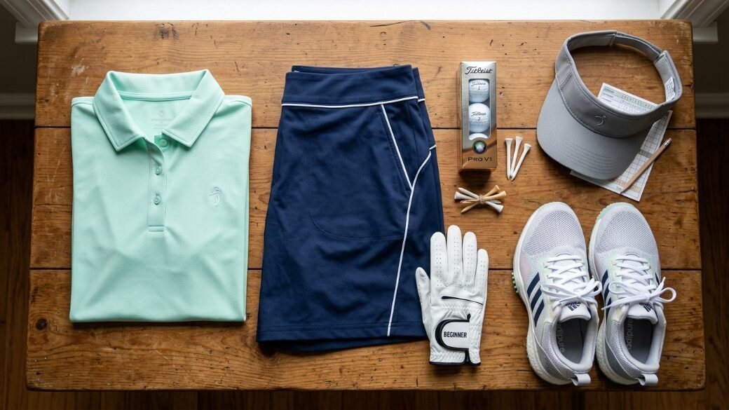 A mint polo, navy skort, golf shoes, visor, and balls arranged on a rustic wooden table.