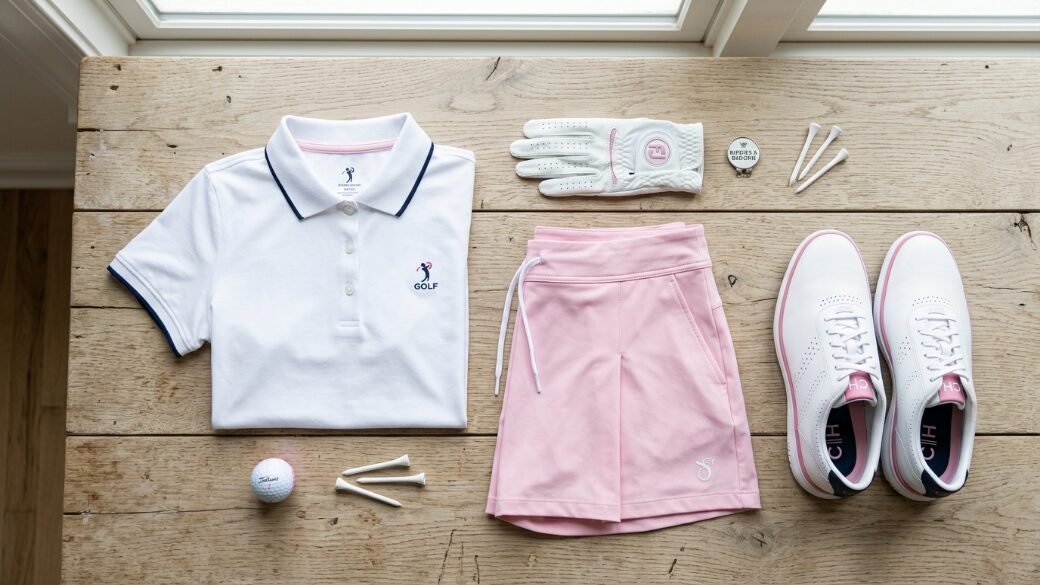 A white golf shirt, pink athletic shorts, shoes, a glove, and golf tees arranged on a wooden surface.