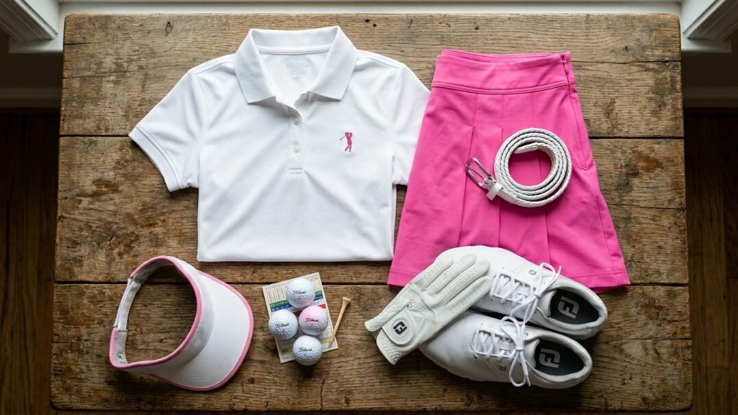White polo shirt, pink skirt, visor, golf balls, and shoes arranged on a rustic wooden table.