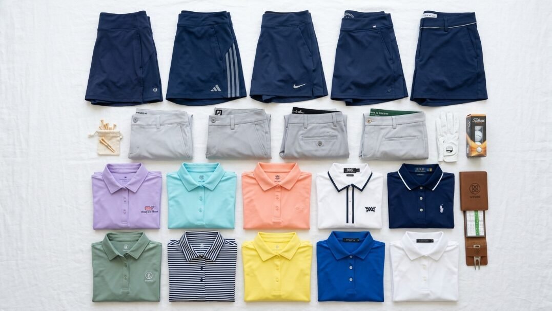A flat lay of various colored golf skirts, collared shirts, and golf accessories arranged on a white background.
