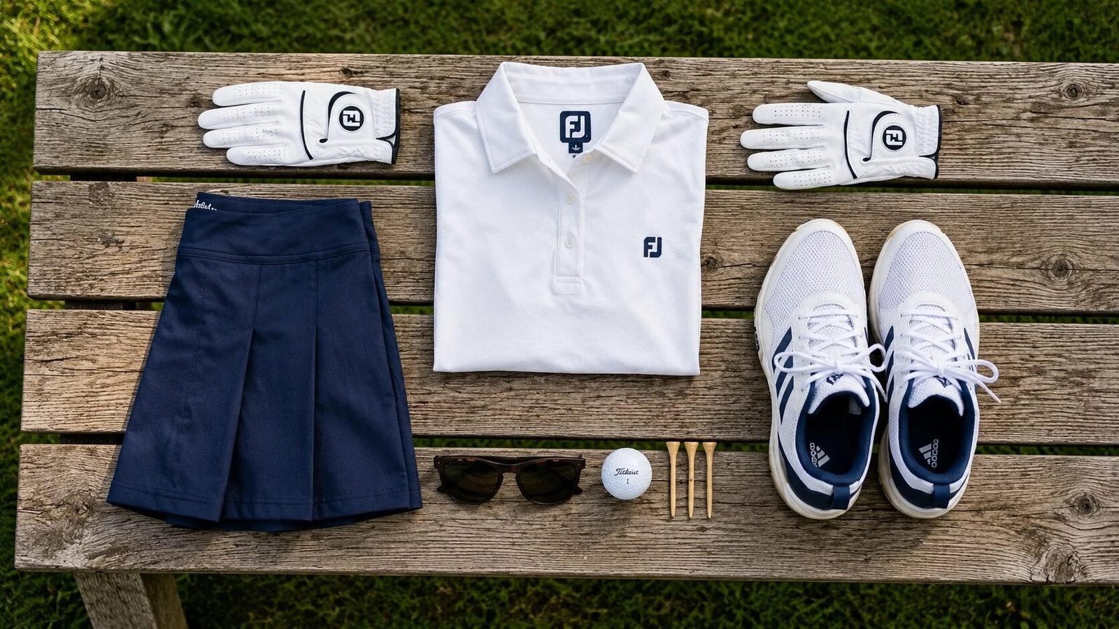 White FootJoy polo, pleated navy skirt, golf gloves, adidas sneakers, and ball arranged on a wooden outdoor bench.