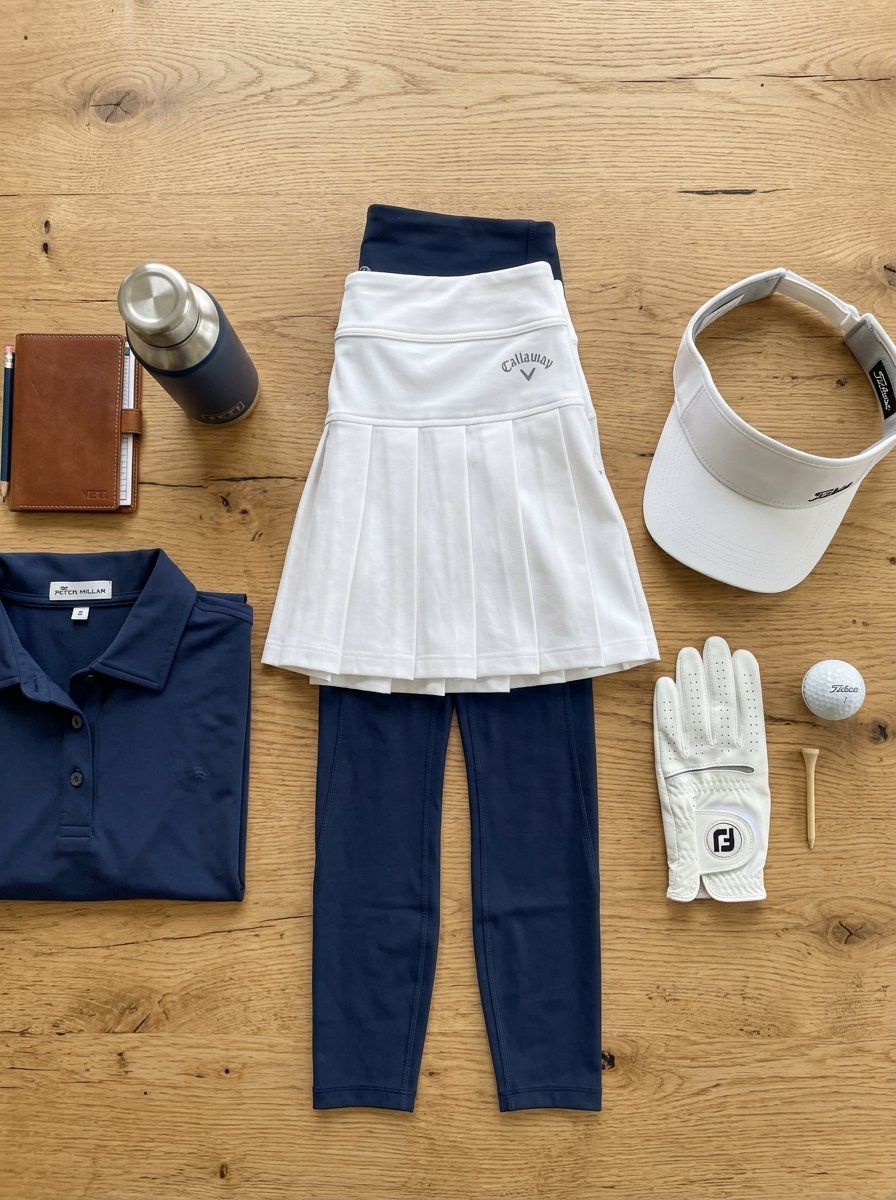 Top-down view of a white golf skirt, navy polo, visor, glove, ball, tee, and accessories on a wooden background.