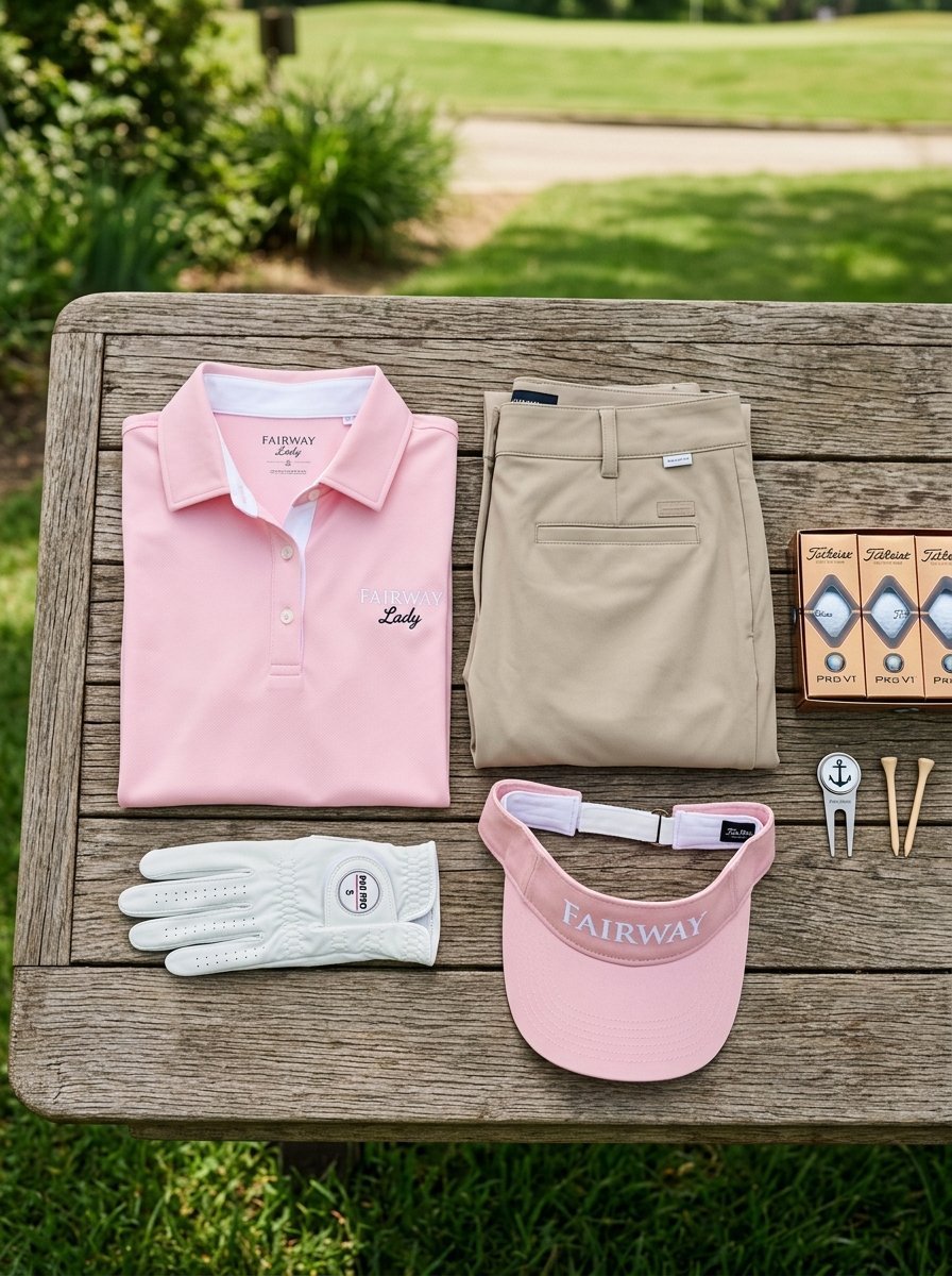 A flat lay of a pink golf shirt, tan trousers, white golf glove, visor, and balls on a rustic outdoor table.