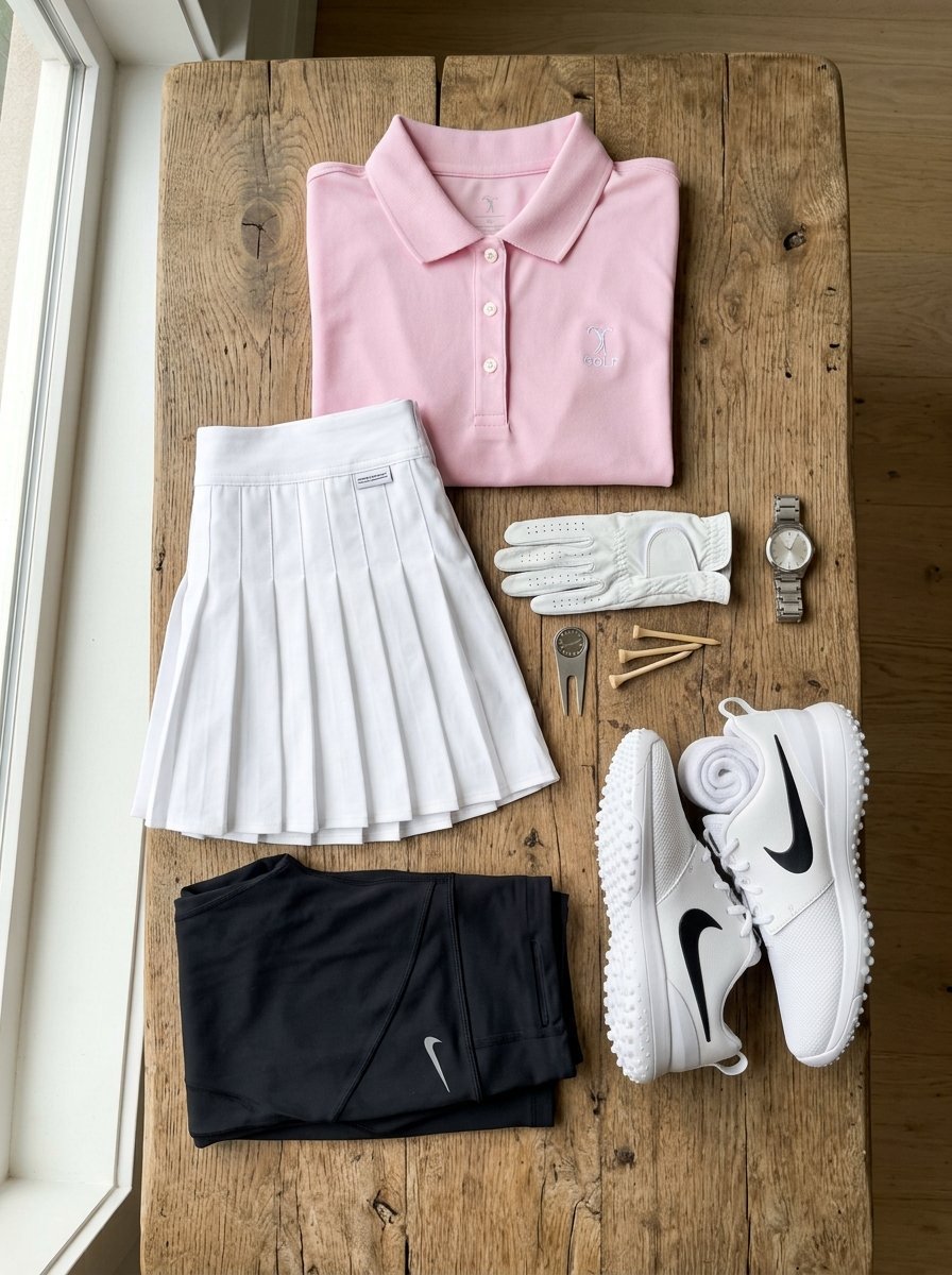 Pink polo shirt, white pleated skirt, golf shoes, glove, tees, and a watch arranged on a rustic wooden table.