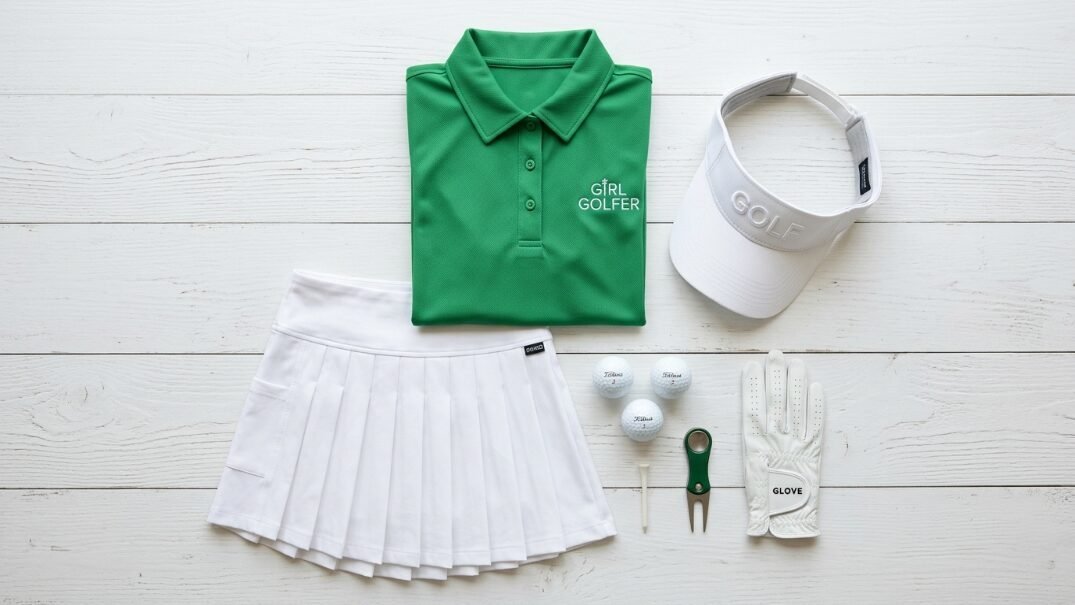 A green golf shirt, white visor, pleated skirt, three balls, a tee, divot tool, and glove on white wood.