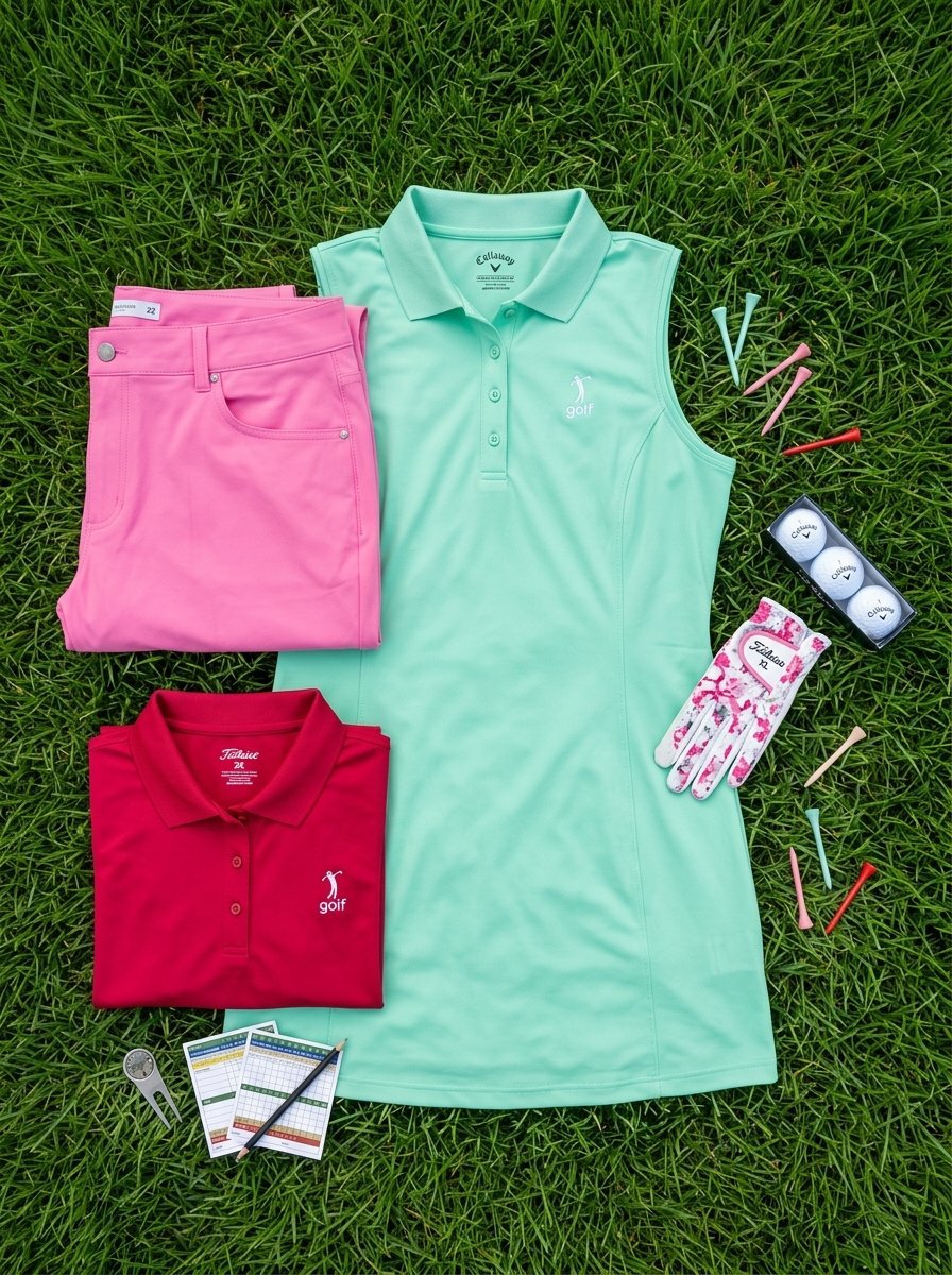 A mint green sleeveless polo dress, pink golf pants, red polo shirt, and golf accessories arranged on green grass.