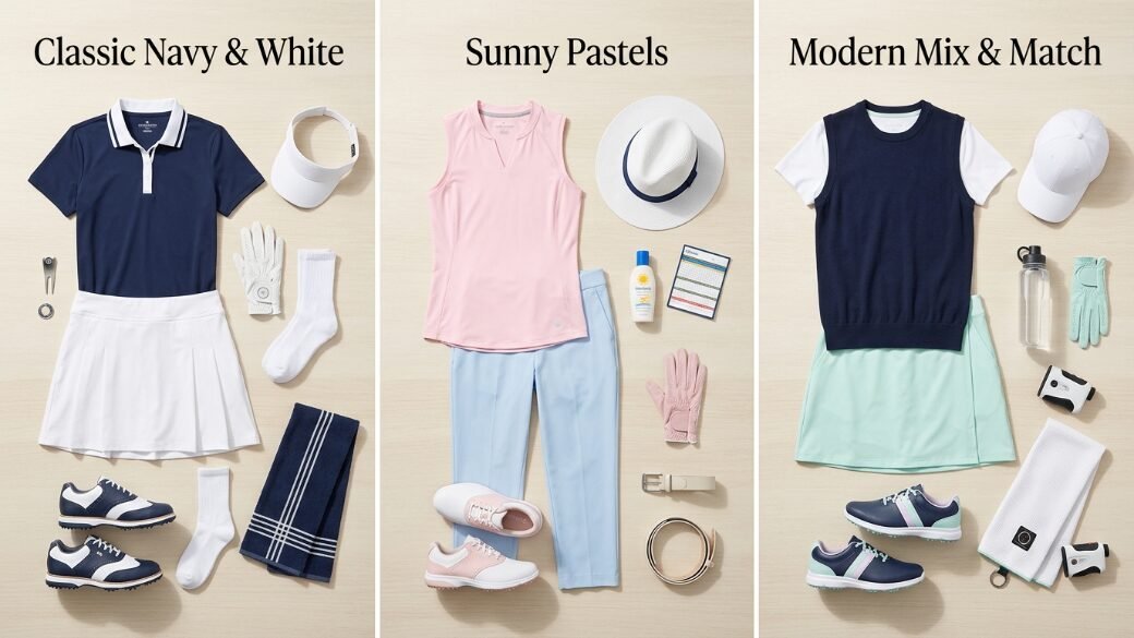 Flat lay display of three women's golf clothing sets including shirts, skirts, hats, shoes, and golf gear.