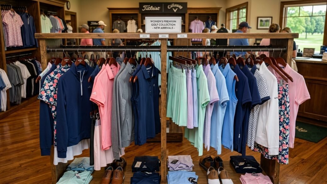Retail rack filled with women's golf shirts, skirts, and sweaters in a store.