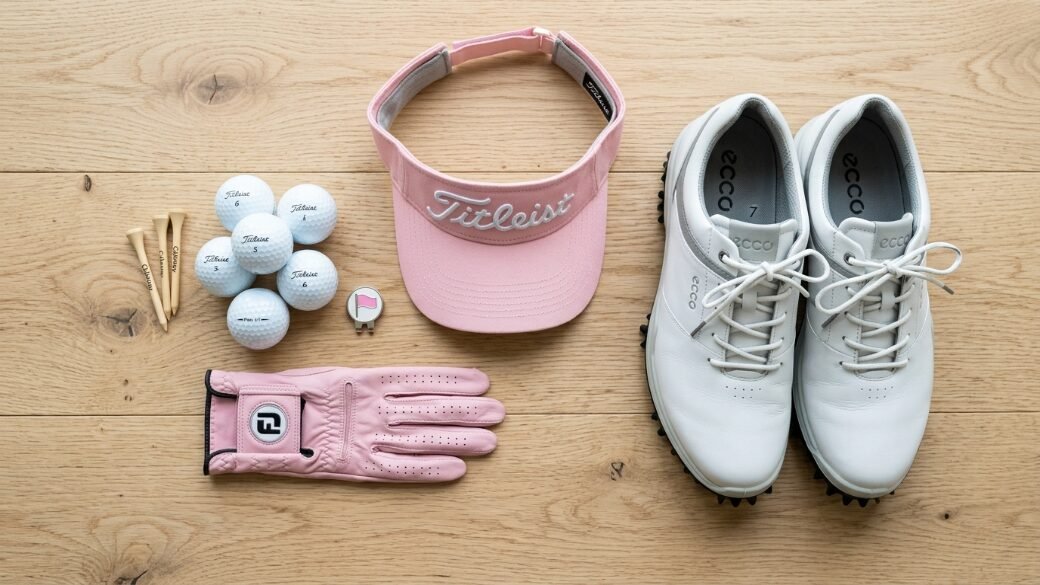 Pink Titleist visor, golf glove, balls, tees, and Ecco golf shoes arranged on a wooden floor.
