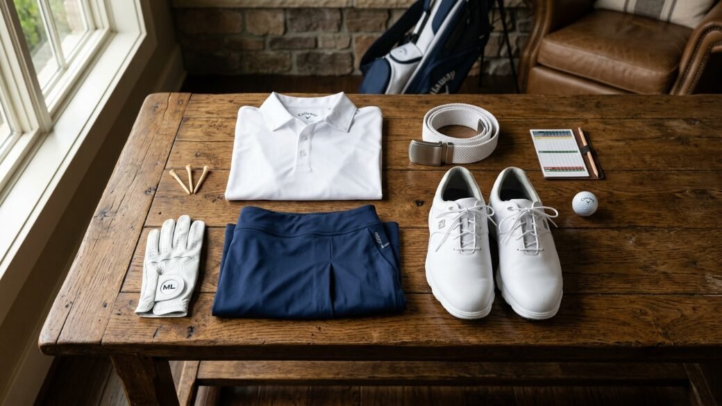 White polo, navy skirt, golf shoes, glove, belt, and scorecard arranged on a rustic wooden table.